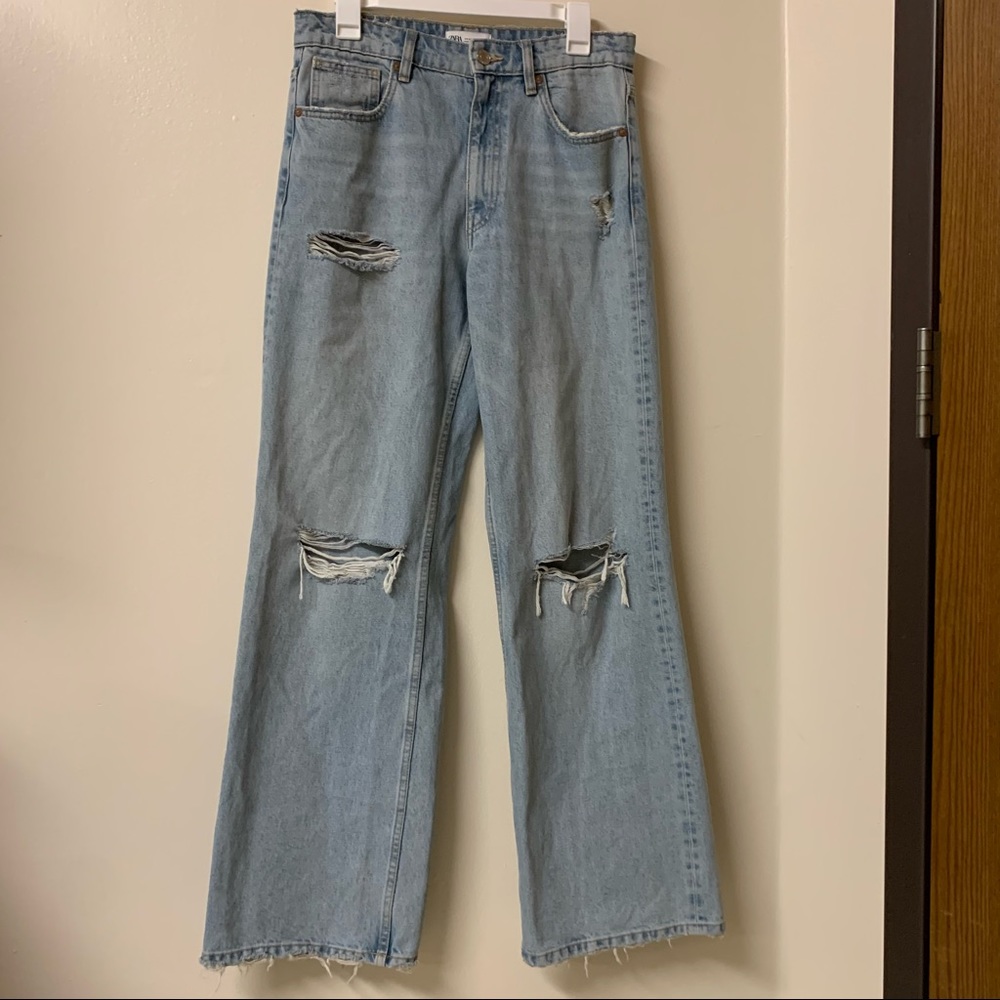 Zara Flare Light Wash Ripped Jeans
